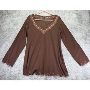 Vintage Lucky Women Brown Embroidered Top Large Long Sleeve‎ Peasant Boho V-Neck